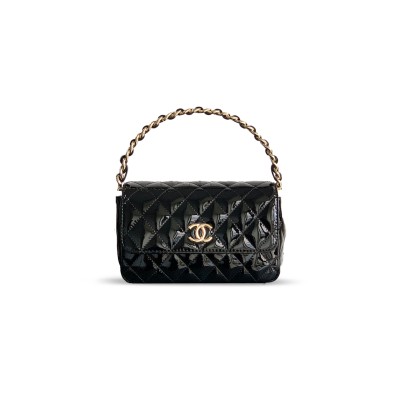 CHANEL HANDLE FLAP BAG PATENT CALFSKIN & GOLD METAL BLACK 496582 (18.5*10.5*8cm)
